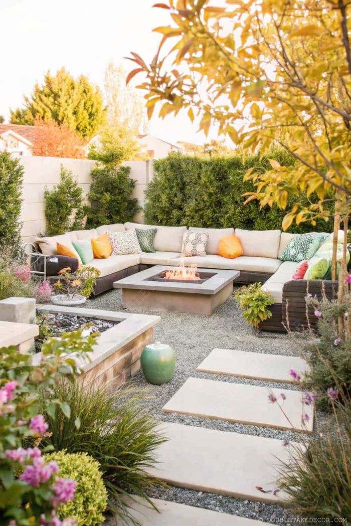 L-shaped sectional with colorful pillows surrounds a modern fire pit in a garden with stepping stones and decorative plants