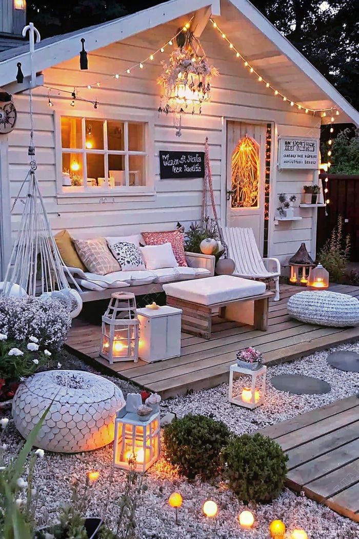 Inviting outdoor deck with comfortable seating, hanging chair, and warm string lights creating a cozy atmosphere for evening relaxation.