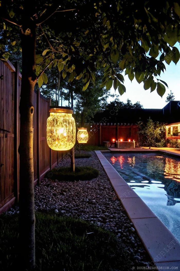 Glass jar lanterns suspended from a tree branch illuminate a peaceful garden setting with pool and wooden fence backdrop