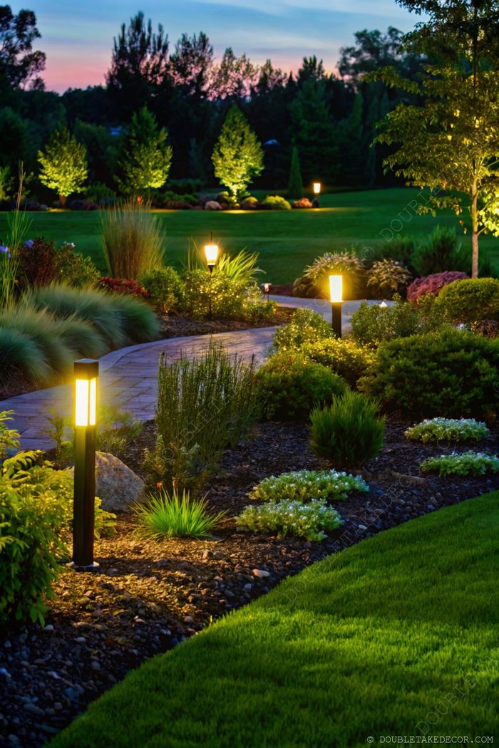 Stone garden path lined with strategic lantern-style lighting fixtures guiding through lush landscaping at dusk