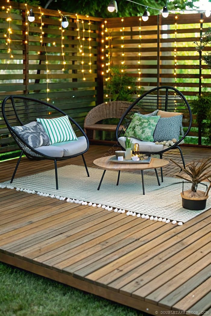Inviting outdoor seating area with wicker chairs, colorful cushions, and string lights hung along a wooden fence creating a cozy ambiance.
