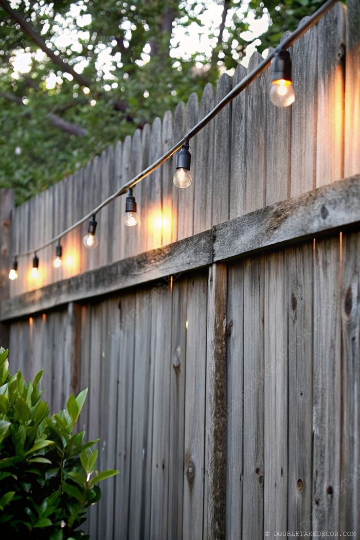 Warm string lights draped along a rustic wooden fence create a cozy backyard atmosphere, complemented by lush greenery.