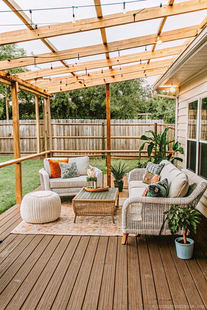 Un coin détente extérieur avec pergola en bois, deux canapés avec des coussins colorés et des guirlandes lumineuses, parfait pour créer une ambiance chaleureuse le soir.