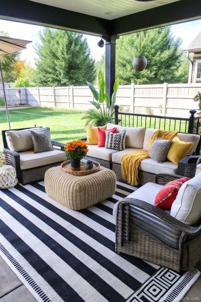 Coin extérieur accueillant avec fauteuils en rotin, coussins colorés et tapis rayé entouré de verdure pour se relaxer pleinement.