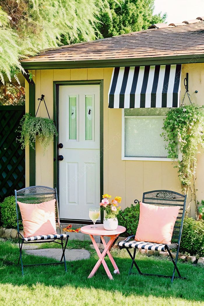 Espace extérieur cosy avec deux chaises noires, une table rose et des fleurs sous un auvent rayé, le long d’un mur jaune.