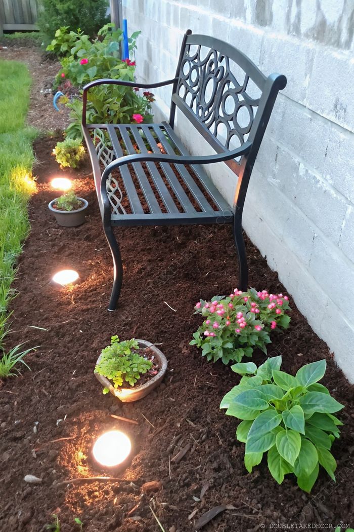 Banc décoratif en métal noir adossé à un mur de béton, entouré de massifs fleuris et éclairé de façon tamisée pour un coin détente agréable.