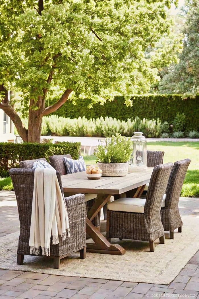 Table en bois rustique avec chaises en osier sous un grand arbre, coussins moelleux et déco simple pour un repas dehors.