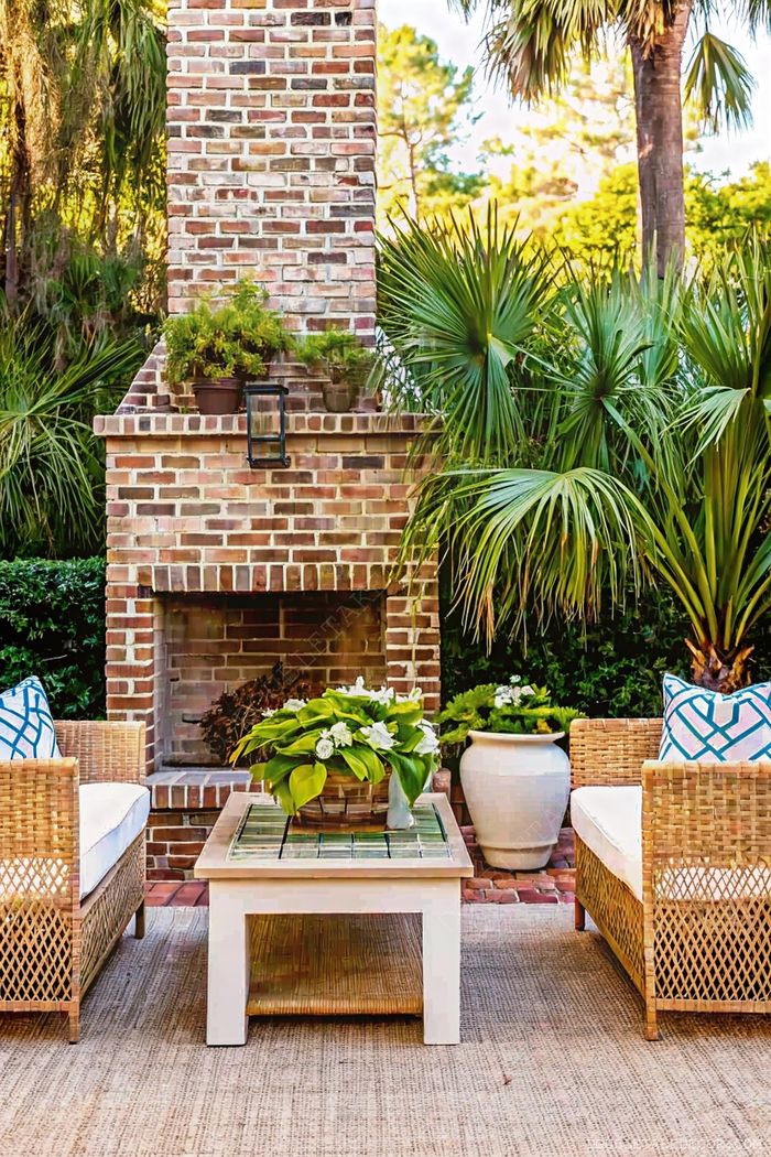 Patio extérieur cosy avec cheminée en briques rustique, fauteuils en osier à coussins blancs et plantes exotiques pour un espace convivial.