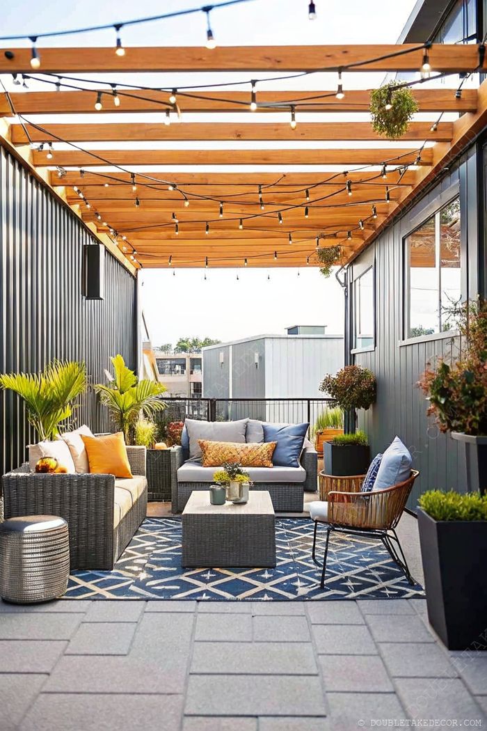 Patio stylé sous pergola en bois avec guirlandes lumineuses, mobilier en osier, coussins colorés et tapis géométrique.