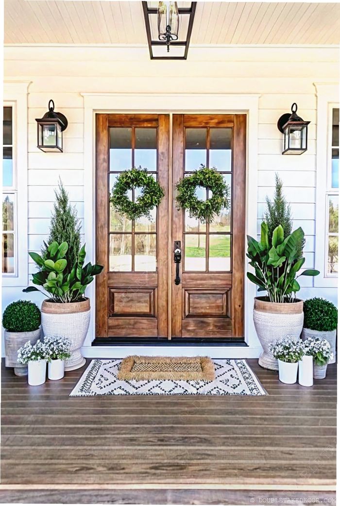 Welcoming home entrance with wooden doors, double wreaths, outdoor lighting, and decorative planters creating an inviting porch space.