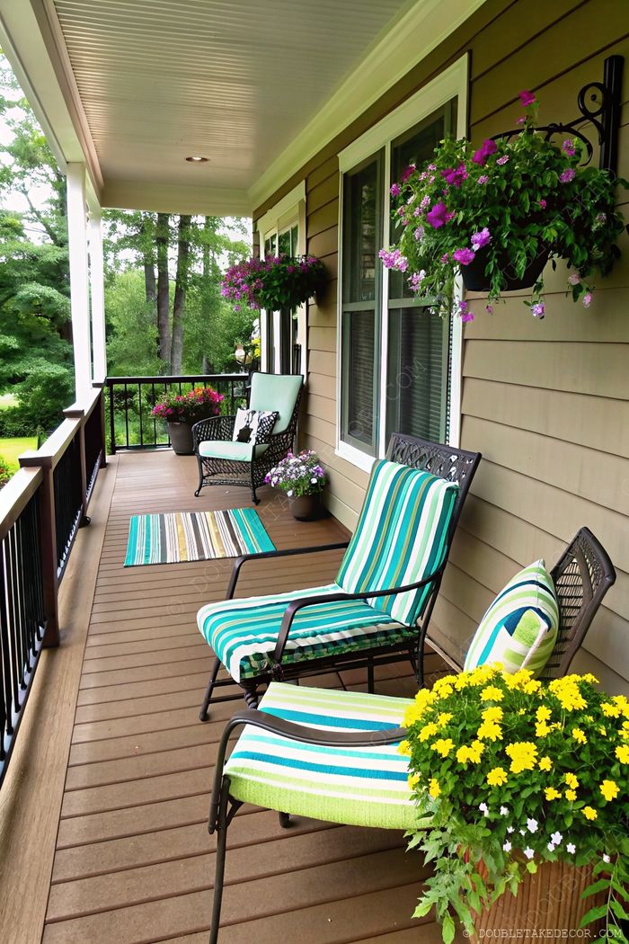 Charming front porch with striped lounge chairs, coordinating rug, hanging flower planters, and potted plants along the railing.