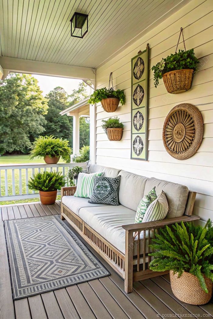 Inviting porch with white sofa, patterned pillows, and decorative wall baskets filled with greenery