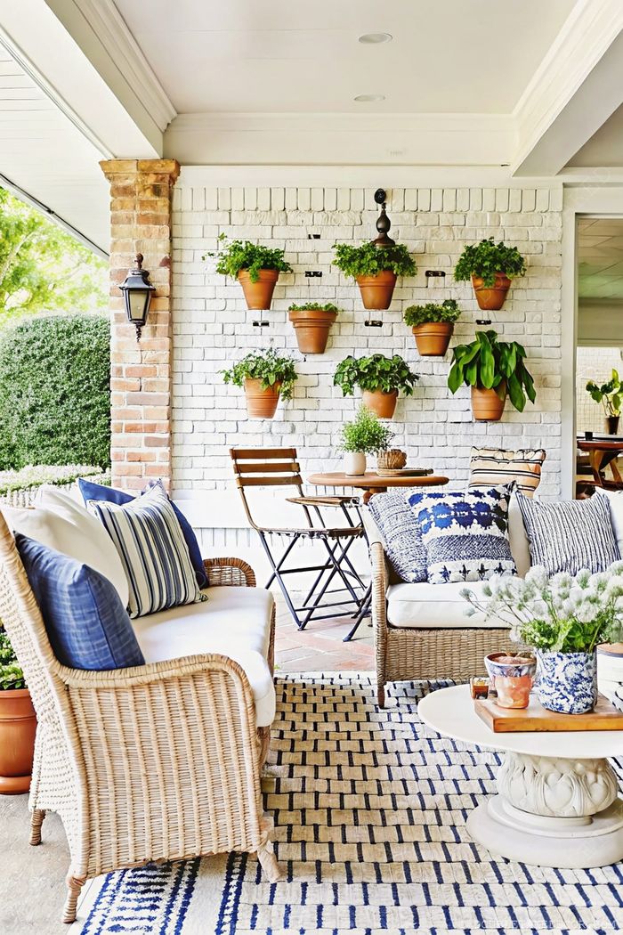 Cozy porch with rattan sofa, round table, and vertical garden wall display with terracotta potted plants and warm lighting.