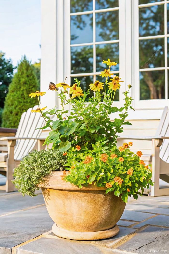 Vibrant terracotta planter on stone patio featuring yellow Black-eyed Susans, orange blooms, and trailing greenery beside modern home with chairs.