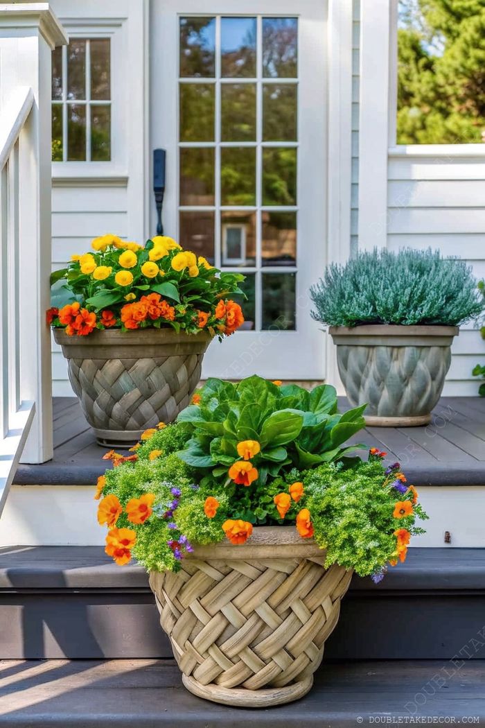 Charming entryway featuring three decorative pots with orange, yellow and purple flowers against a wooden porch with white door.