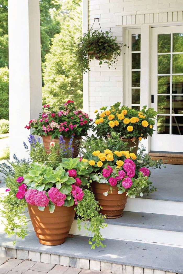 Charming outdoor setup with terracotta pots of vibrant flowers arranged at different heights on porch steps with a complementary hanging basket