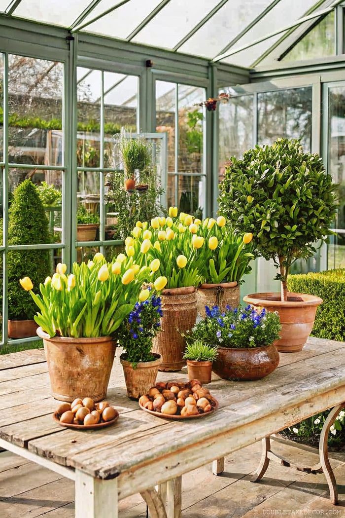 Rustic wooden table with terracotta pots of yellow tulips and blue flowers in a sunlit greenhouse setting.