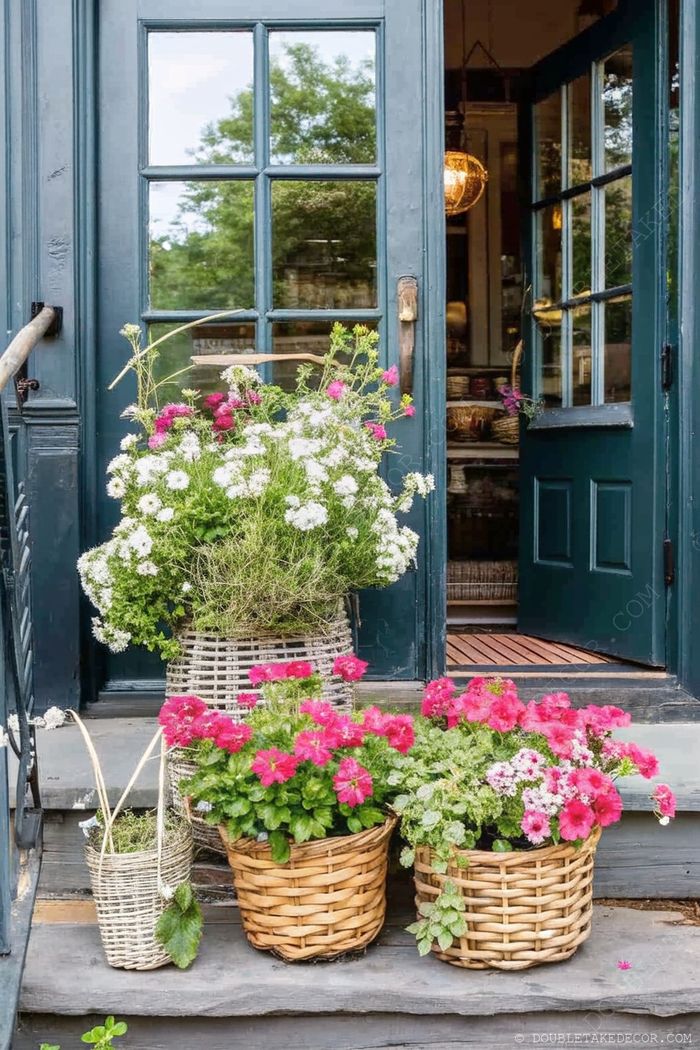Charming entryway with wicker baskets of white flowers and pink petunias arranged on wooden steps leading to a blue glass-paneled door.