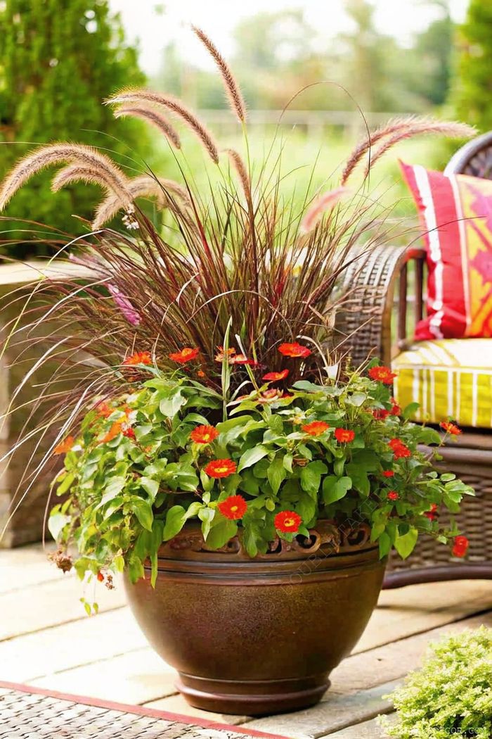 Elegant dark brown planter with vibrant green foliage, orange flowers, and tall feathery grass, set against a cozy outdoor seating area.