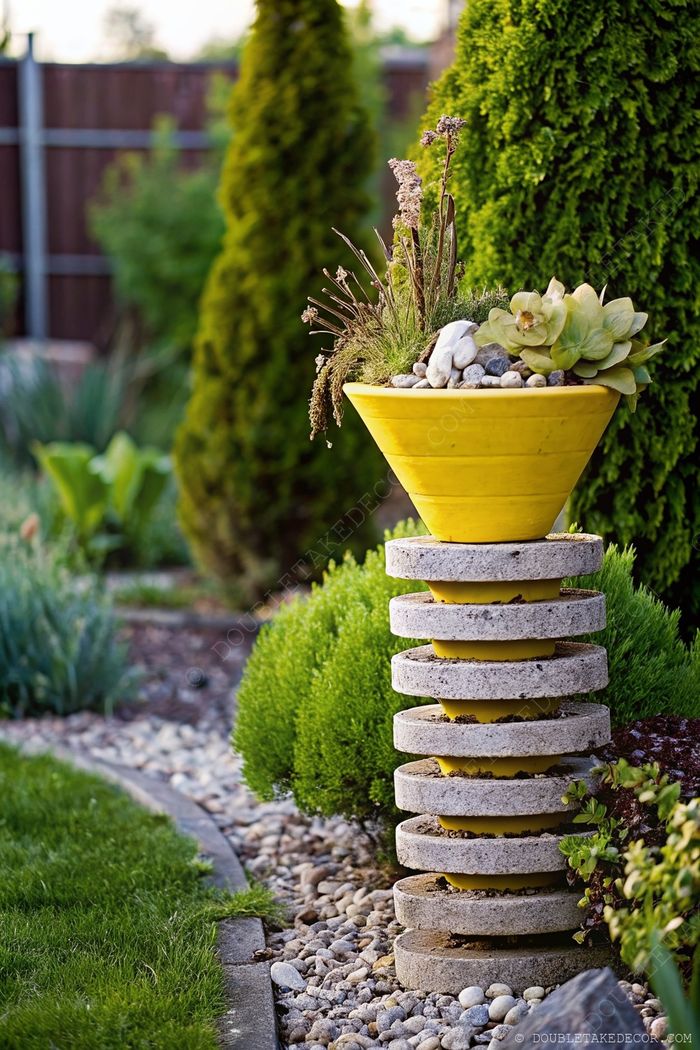 Yellow planter with succulents atop concrete discs, surrounded by greenery and pebbles in a stylish garden setting.