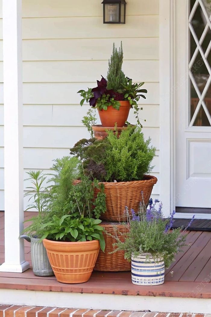 Charming outdoor arrangement of potted plants on a porch with terracotta pots and woven baskets creating a multi-level garden display.