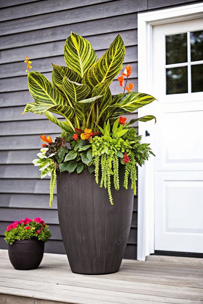 Elegant entrance featuring a tall ribbed planter with lush tropical foliage and orange-yellow blooms, accompanied by a small round pot of pink flowers against a dark wooden wall.