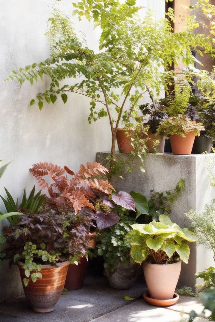 A lush corner arrangement of potted plants with tall greenery and colorful foliage in terracotta pots creating a serene indoor oasis.