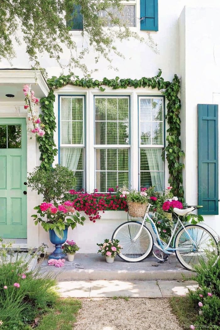 Front entrance adorned with colorful planters, climbing vines, and hanging flowers around a mint-green door and decorative white bicycle.