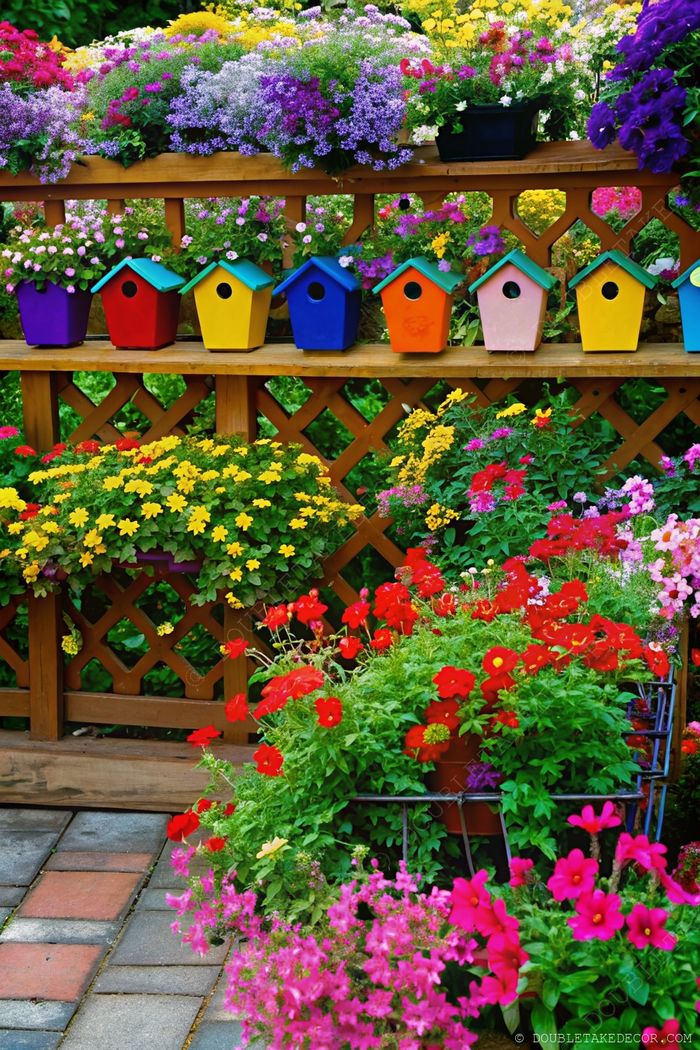 Vibrant flower pots and colorful birdhouses against wooden lattice with cascading purple, pink and white blooms creating a charming garden scene.
