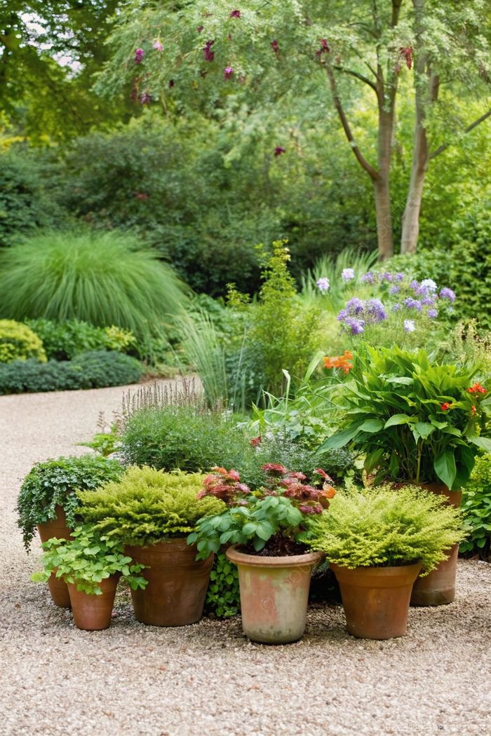 Terracotta pots of varying sizes with ferns, flowers, and herbs artfully arranged along a gravel pathway with lush garden backdrop.