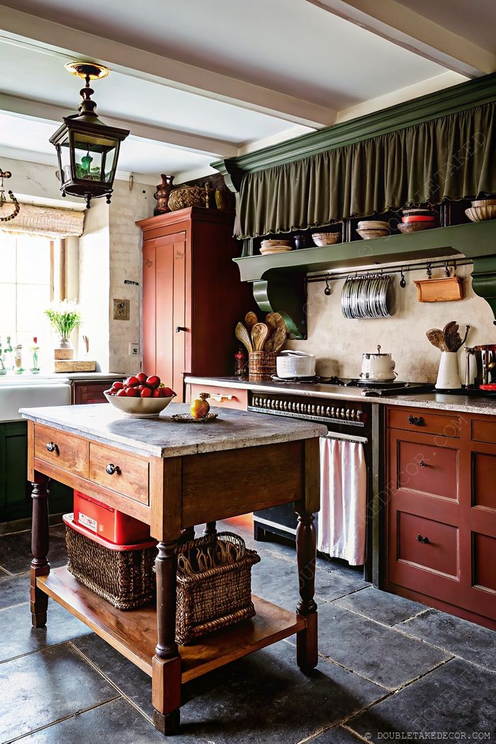 Warm rustic kitchen with wooden island, stone top, and green shelving showcasing practical vintage storage solutions and cozy decor elements.