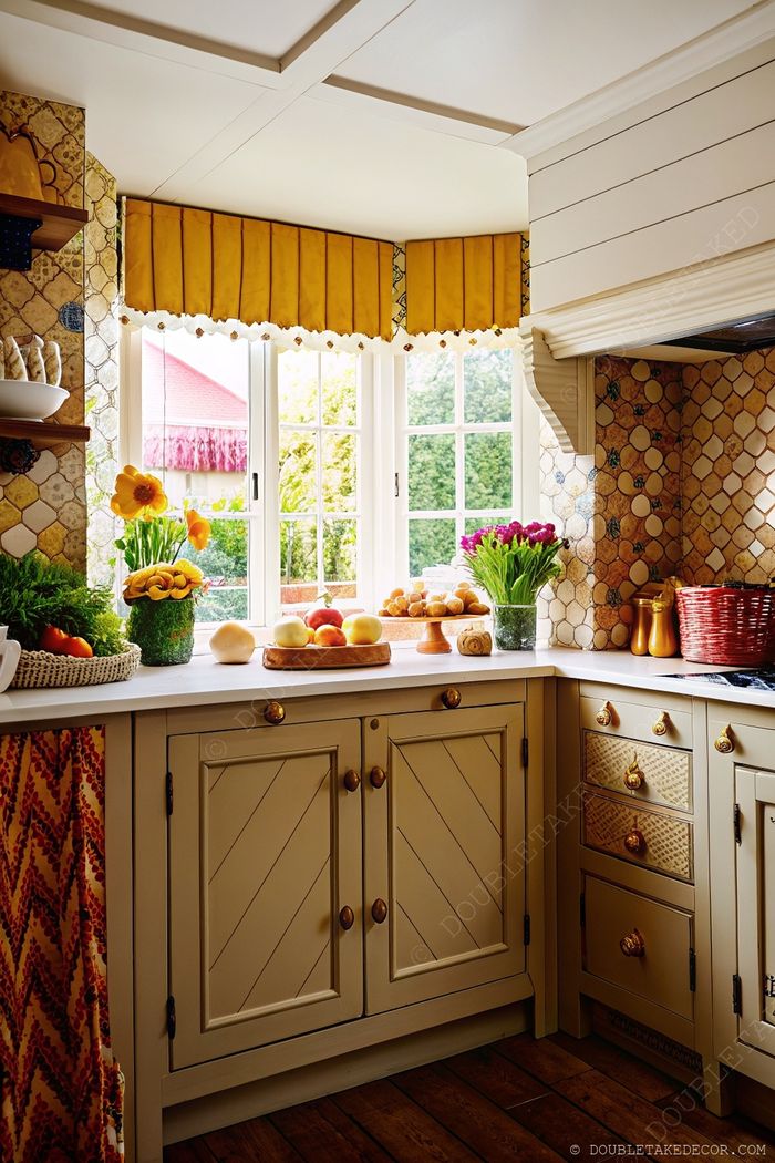 Cozy kitchen with yellow pleated window valance, wooden countertop displaying fresh produce and flowers, beige cabinetry with decorative elements, and open shelving.