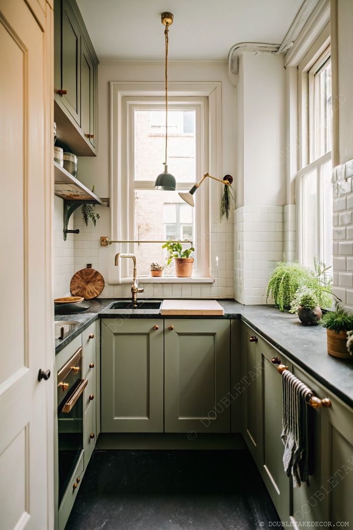 Charming kitchen featuring soft green cabinets, brass hardware, dark countertops, and wooden elements bathed in natural light.