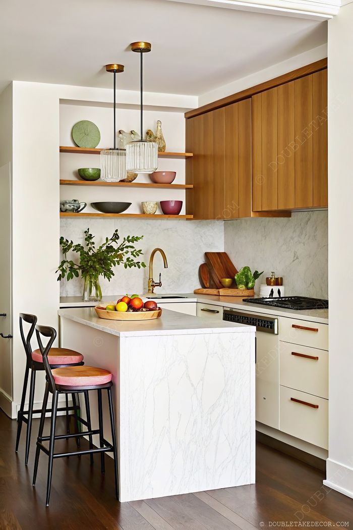 A light wood kitchen with marble countertops, open shelving, and a functional island with black and pink bar stools beneath glass pendant lights.