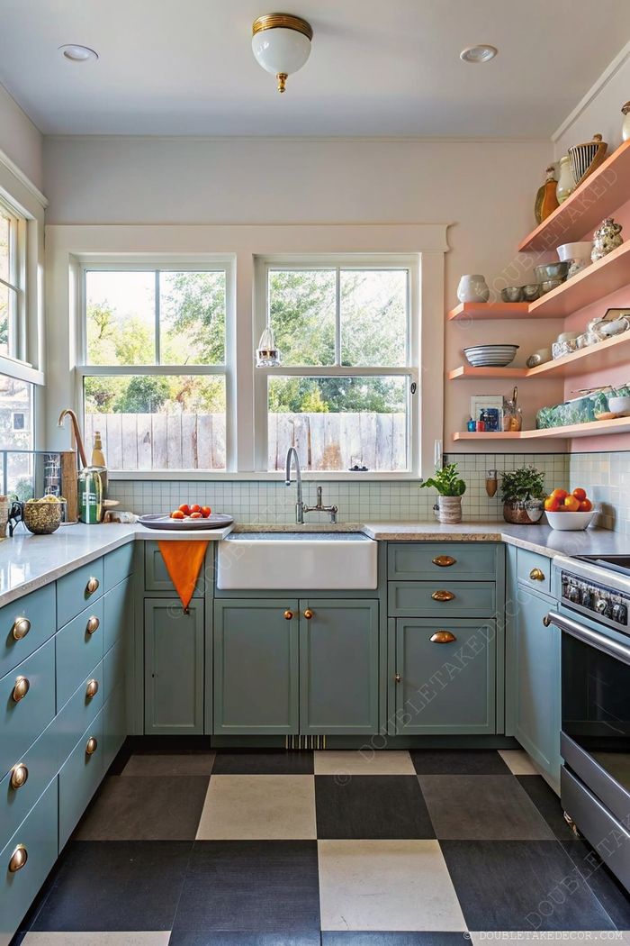 Charming kitchen with light blue cabinets, brass hardware, farmhouse sink under windows, and checkered flooring.