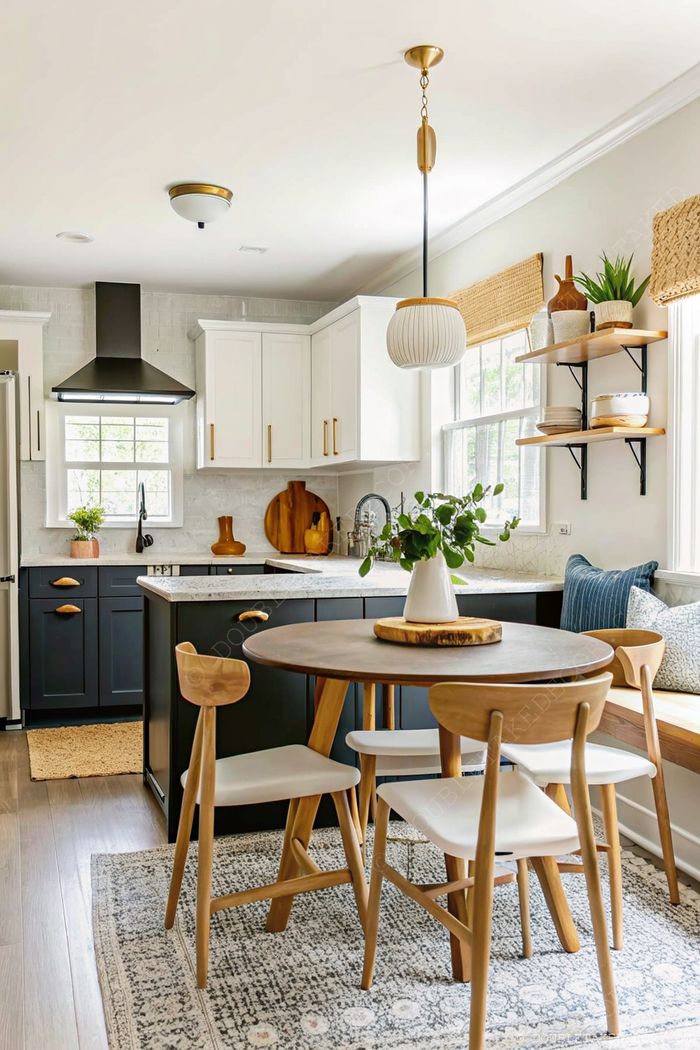 Modern kitchen featuring dark blue and white cabinets with brass hardware, open shelving, and a round wooden dining table with minimalist chairs.