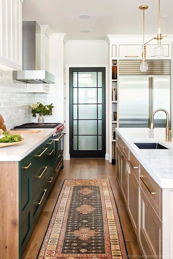 Modern kitchen with dual-color scheme: deep green and light cabinetry, white marble countertops, and stylish pendant lighting.