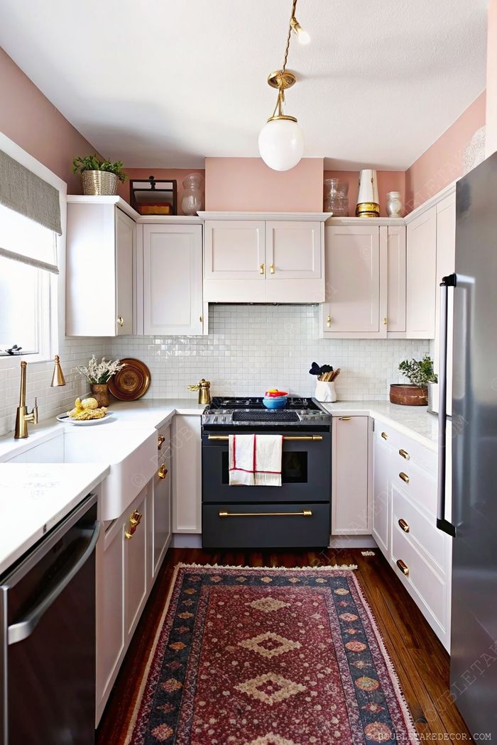 Modern kitchen with white cabinets, gold hardware, blush-pink walls, marble countertops and traditional patterned rug creating warmth.