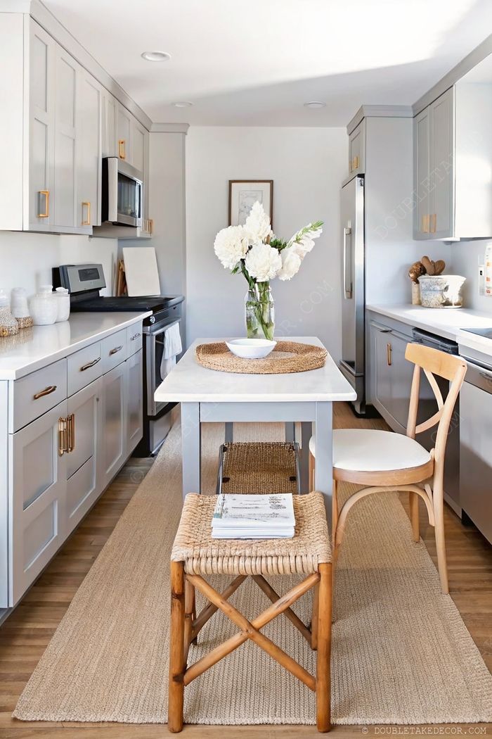 Light gray kitchen with gold hardware, featuring a dining table with woven placemats and fresh flowers on warm wood flooring.
