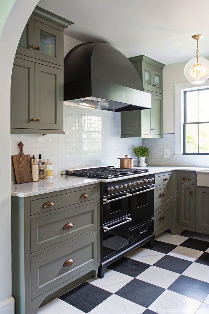 Sophisticated kitchen with olive green cabinets, brass hardware, black range hood, and striking checkerboard flooring.
