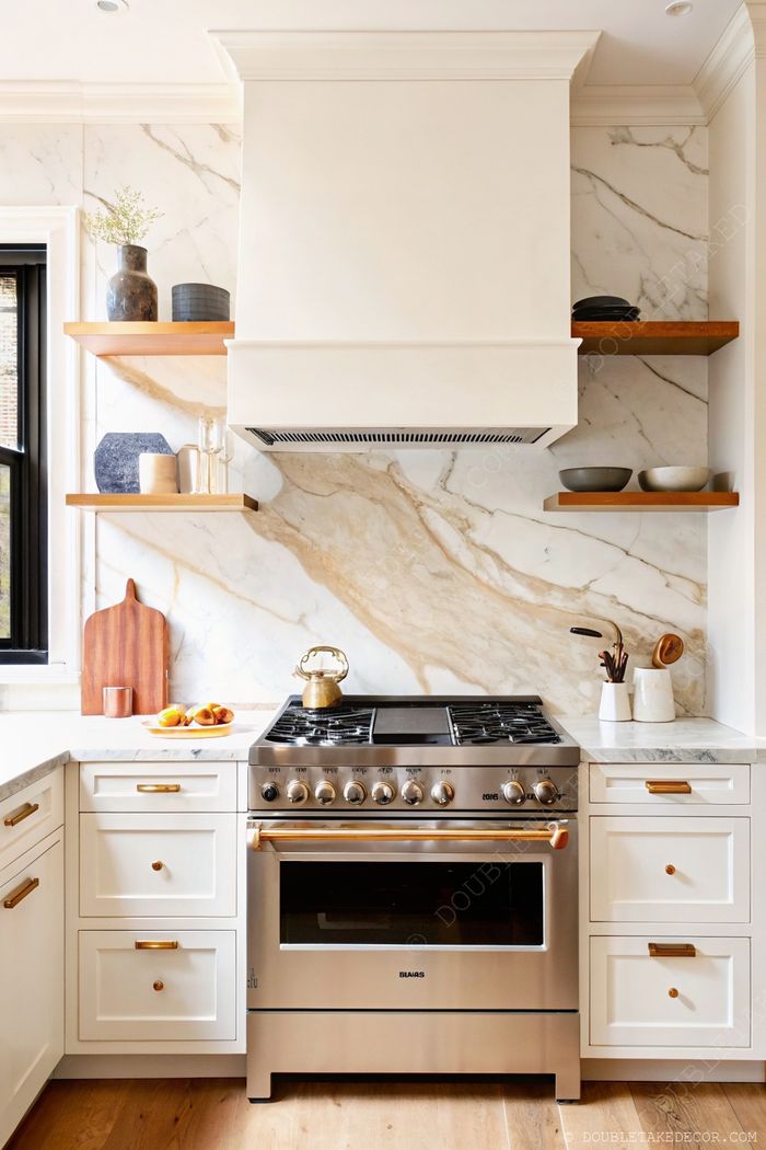 Modern kitchen with stainless steel range, marble backsplash, and wooden open shelves displaying ceramic decor above white cabinetry with gold handles.