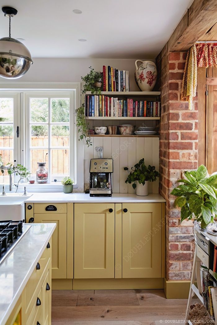 Warm yellow cabinetry with open shelving displaying books and ceramics, featuring rustic elements and modern touches in a bright, inviting space.