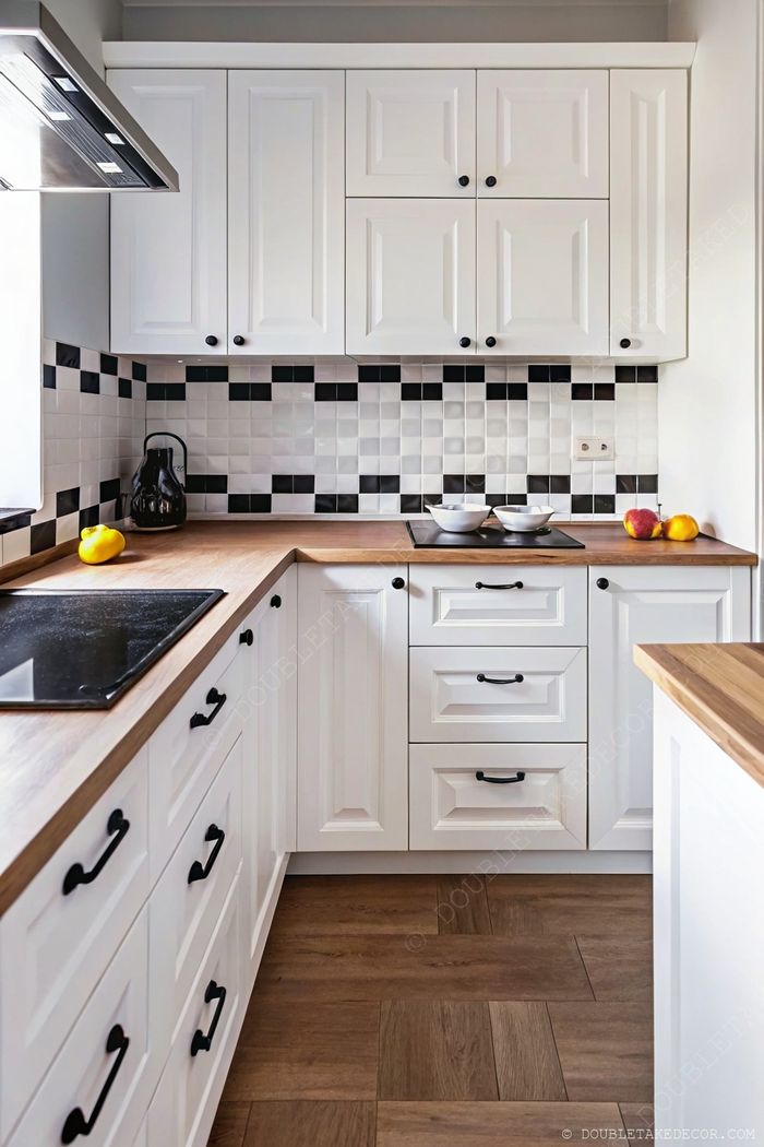Modern white kitchen with black handles, patterned backsplash, wooden countertop, and fresh fruit adding warmth to the minimalist design.