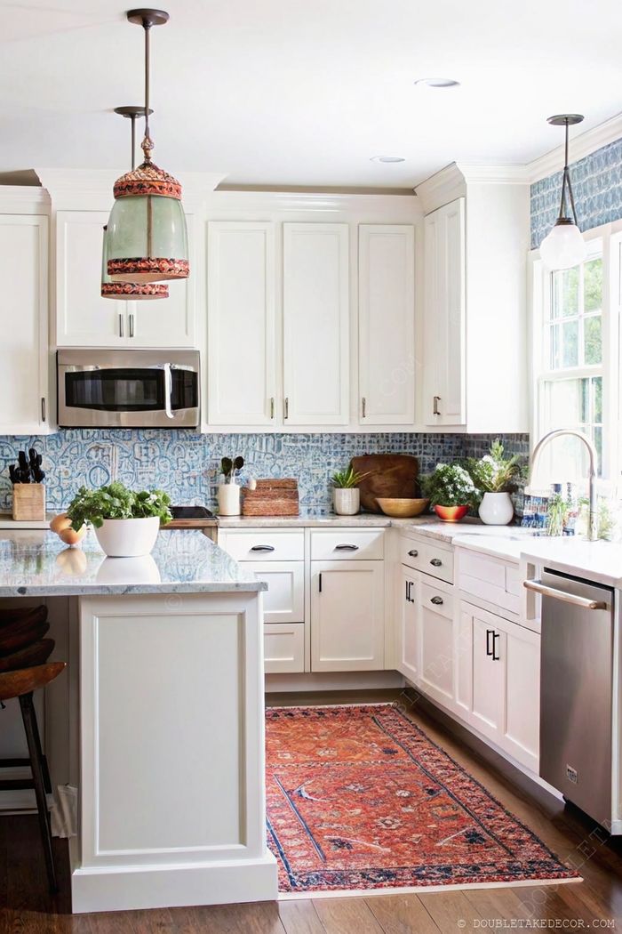 Airy white kitchen featuring blue patterned backsplash, marble countertops, hanging light fixture, and traditional area rug