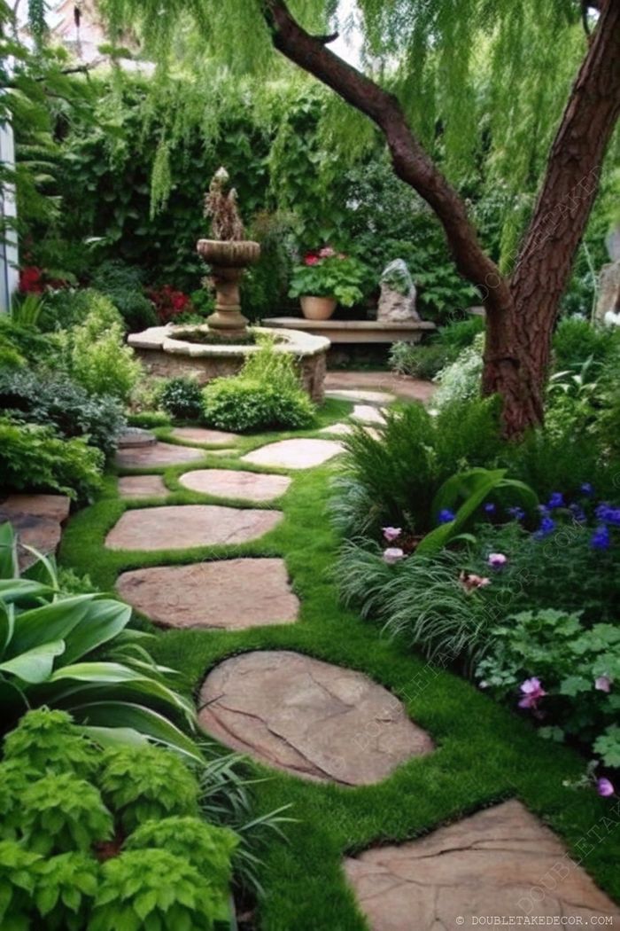 Natural stone slabs form a garden path bordered by lush grass, colorful flowers, with a stone fountain and bench in the background.