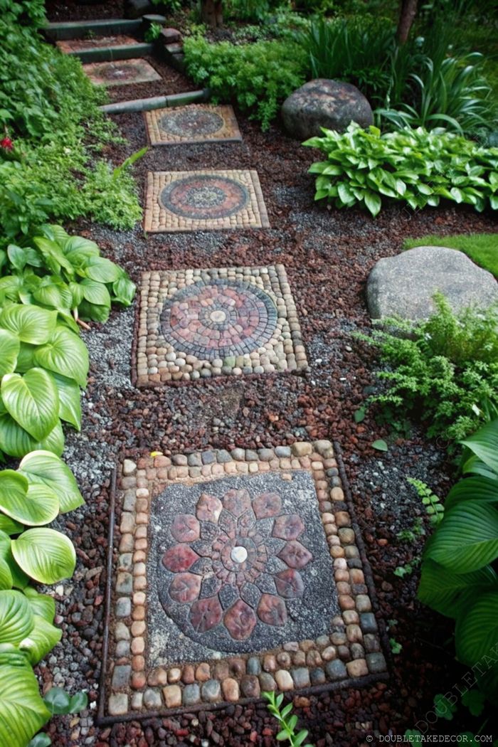 Decorative garden path with patterned stone tiles creating a mosaic effect, bordered by lush hostas and ferns