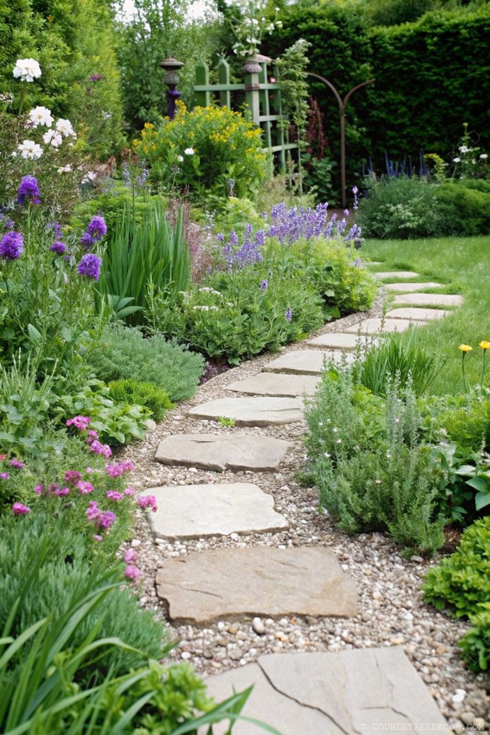 Winding garden path of large flat stone slabs through lush greenery and vibrant flowers, bordered by perennials and herbs with a trellis backdrop.