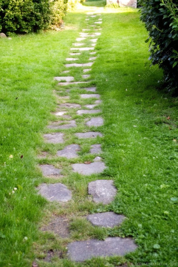 A charming rustic pathway of flat stones winding through vibrant green lawn, bordered by well-maintained bushes and landscaping.
