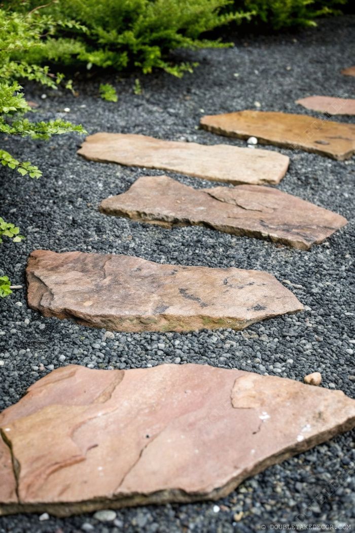 Irregularly shaped stone slabs forming a pathway over dark gravel, surrounded by lush green plants, creating a serene garden atmosphere.