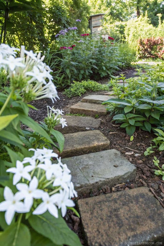 Serene garden pathway with natural stone slabs lined by white star-shaped flowers and lush green foliage, illuminated by dappled sunlight.